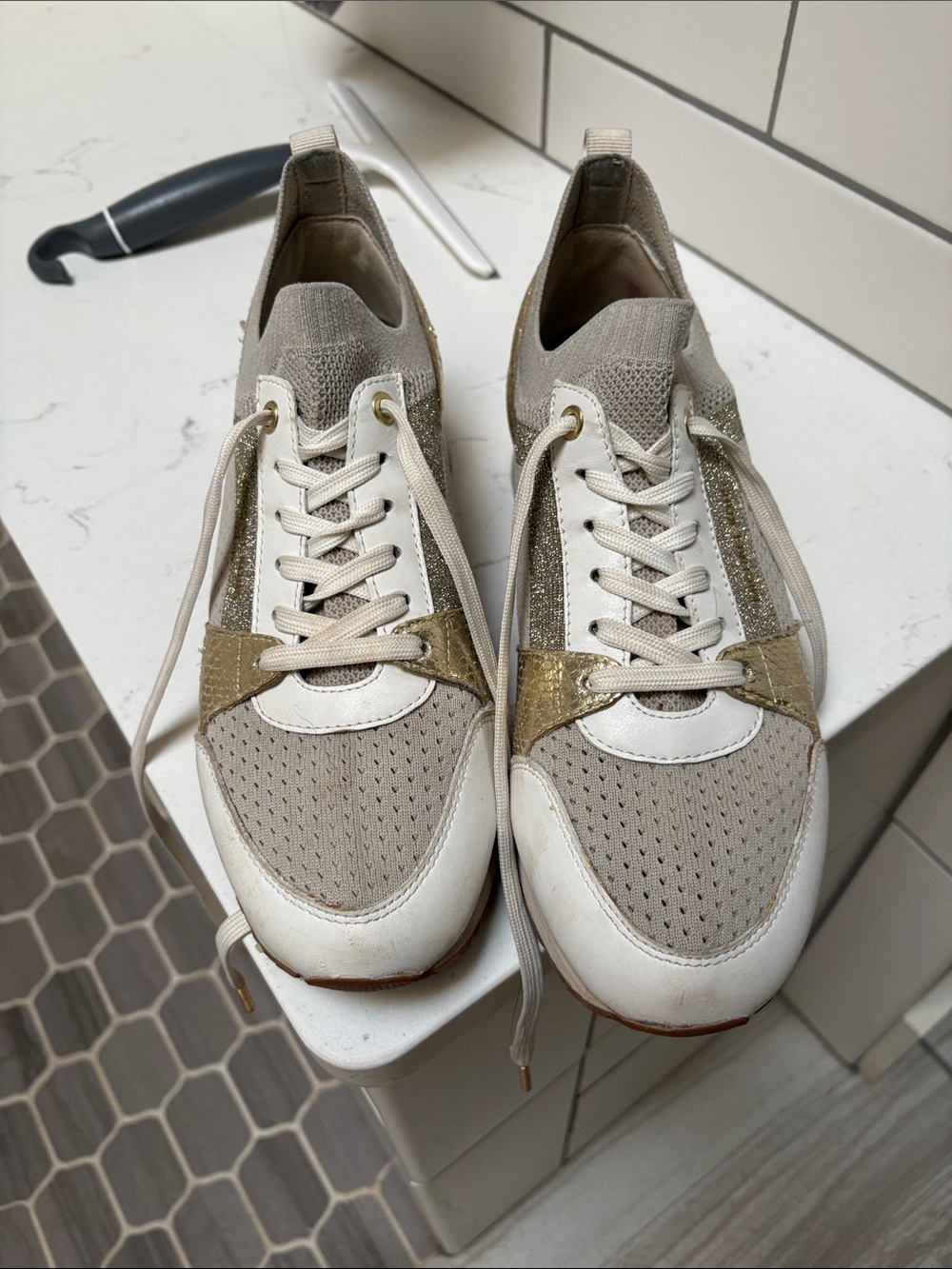 MICHAEL Michael Kors Beige, White & Gold Lace-Up Sneakers